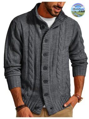 Men's Stand Collar Cable Knit Button Down Cardigan Sweater
